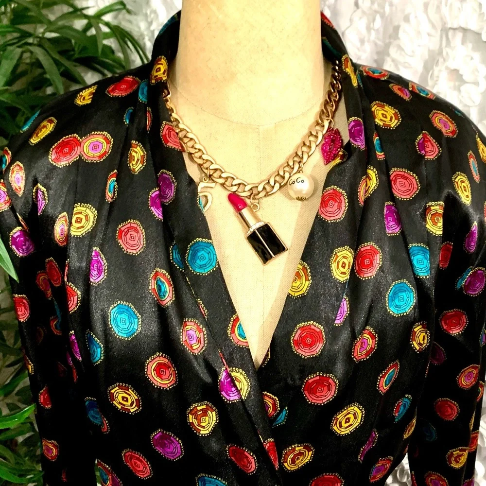 NWT Vintage “Notations” multi color gems on black print long sleeve blouse- 8 - Picture 4 of 12